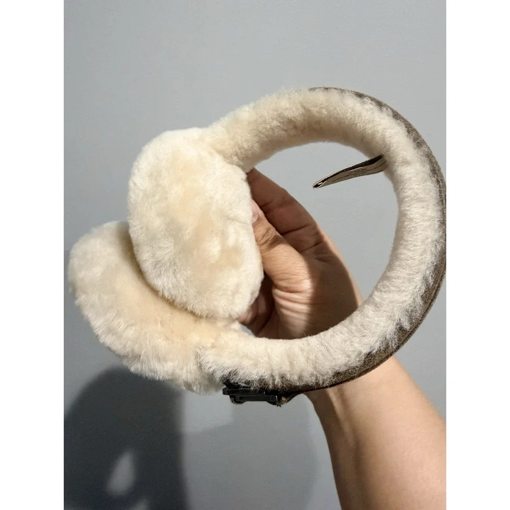 UGG Earmuffs Sheepskin Wool Foldable Winter Earflaps Mens Womens Buckle Brown L‎